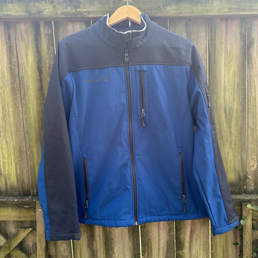 Free Country Mens Blue Black Softshell Fleece Lined Full Zip Jacket Size Medium